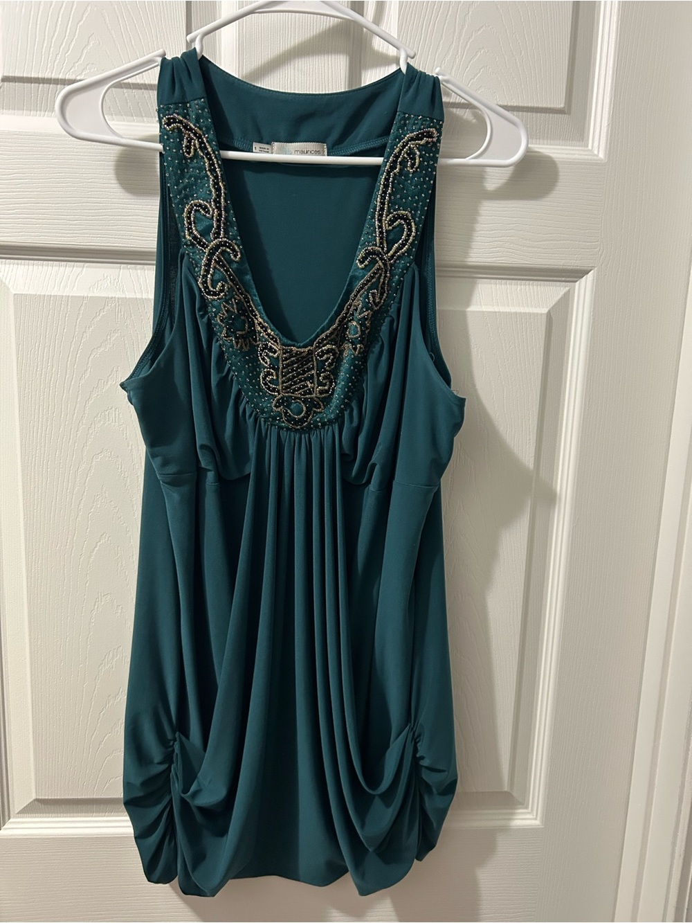Maurices 1X Teal Beaded Embellished Dress Ruched Boho Evening Special Occasion